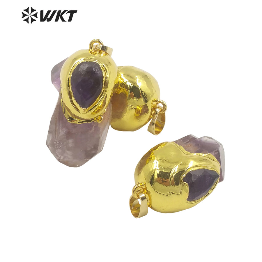 WT-P1949 Wholesale Fashion Handmade Carved Natural Amethyst Pendant for Lady Necklace Design in 18K Real Gold Plated Pendant