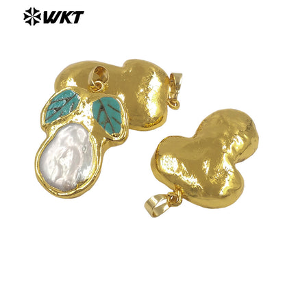 WT-JP499 Exclusive Unique Design 18K Gold Plated Natural Turquoise And Pearl Leaf Shape Pendant For DIY Necklace Findings