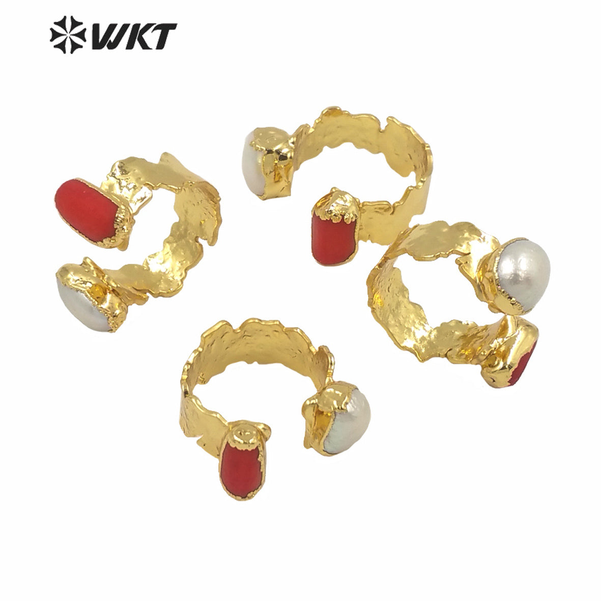 WT-MPR010 Amazing WKT Exclusive Resist Tarnish Gold Electroplated Red Coral Pearl Ring Women Fashion Brass Gold Cocktail Rings