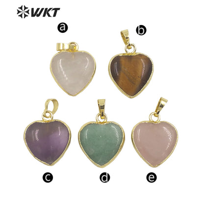 WT-P1700 Wholesale Lady Lovely Natural Gemstone Small Heart Pendant Gold Electroplated Rose Quartz 20mm Gold Stone Heart Charms