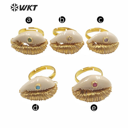 WT-MPR003 New Summer Hot Wire Brass Handmade Wrapped Natural Sea Cowrie Ring With Cz Charm Fashion Gold Summer Conch Rings