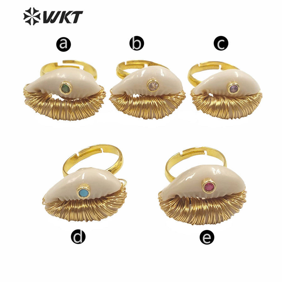 WT-MPR003 New Summer Hot Wire Brass Handmade Wrapped Natural Sea Cowrie Ring With Cz Charm Fashion Gold Summer Conch Rings