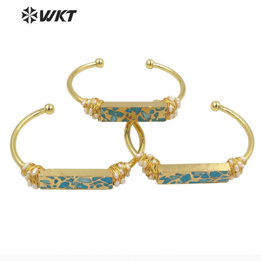 WT-B581 Wholesale Fashion Chic Lady Gorgeous Copper Turquoise Stone Bangle 18k Real Gold Plated Resist Tarnishable Wire Bangle