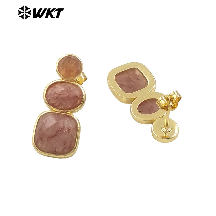 WT-E754 WKT Precious Triple Stone Assemble Handmade Setting Natural Amethyst Lapis Long Dangle Geometric Lady Earrings