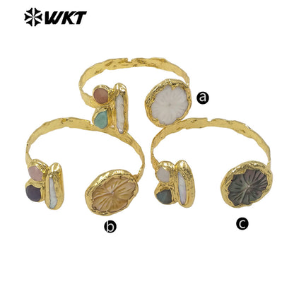 MPB139 Exclusive Unique Design Gold Plated Carved Flower Shape Shell And Natural Stone Pearl Splicing Women Bangles As Gifts