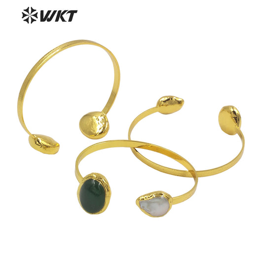WT-B622 WKT NEW DESIGN Fashion 18k Real Gold Plated Double Stone Bangle Real Pearl Cuff Bangle for Wedding Daily Match Jewelry