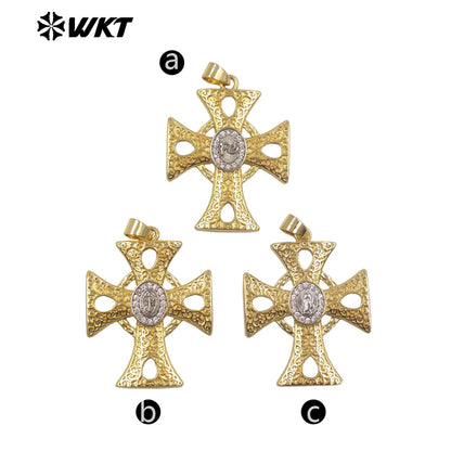 WT-MP331 Newest High Quality Gold Plated Yellow Brass Cross Shap Pendant For Women Religious Style Necklace DIY Making