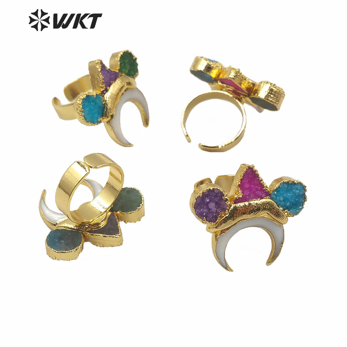 WT-MPR004 Amazing Unique Natural Druzy Stone Crescent Moon Ring High Quality Gold Electroplated Triple Stone Druzy Ring