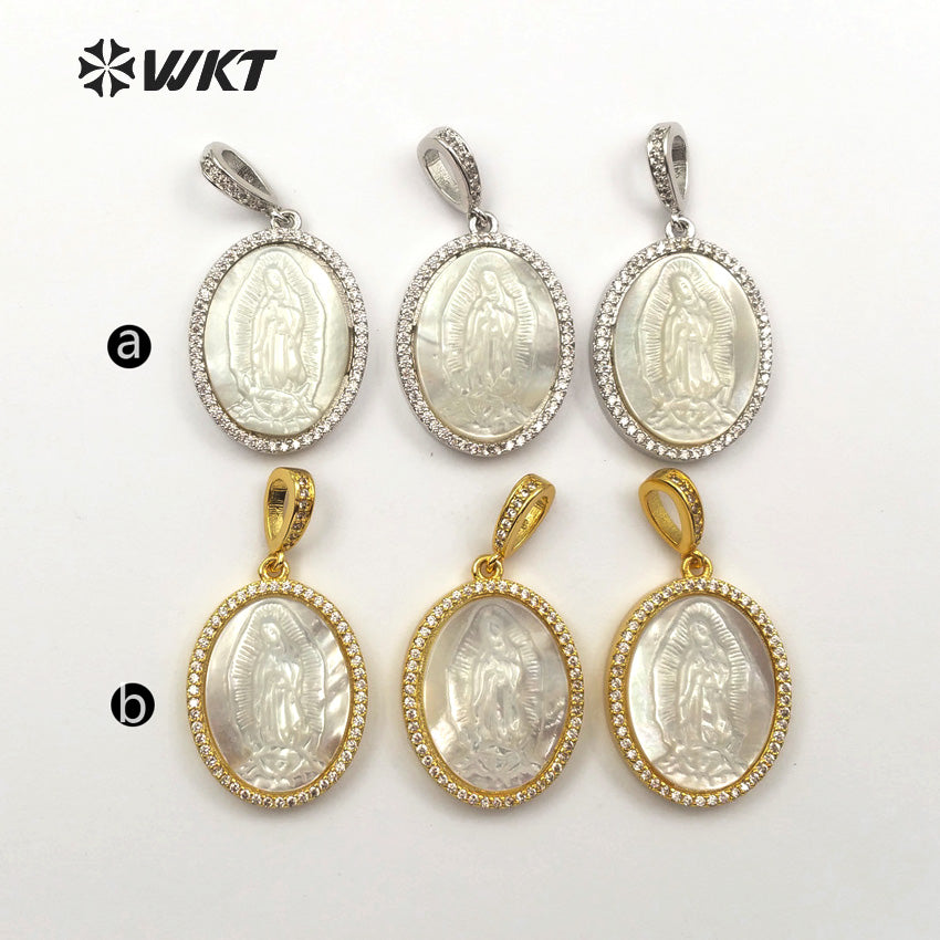 WT-MP107 Charm Dainty Virgin Mary Shell Pendent in Gold or Sliver Religious Jewelry Gift for Women Micro Pave Shell Pendant