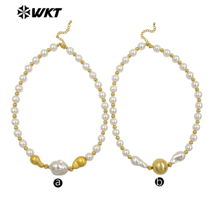 WT-JN292 High Quality Large White and Small Gold Beads Irregular Pearl Necklace Finished Jewelry for Girlfriend As Surprise Gift