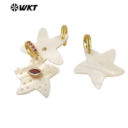 WT-JP480 Trendy Simple Style Gold Plated Zircon And White Shell Starfish Shape Little Pendants For Women Earrings Design