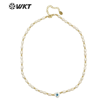 WT-JN194 Fashion Gold Plated Natural Real Freshwater Pearl Beads Necklace Gorgeous Lady Shell Made Heart Eye Charm Bead Necklace