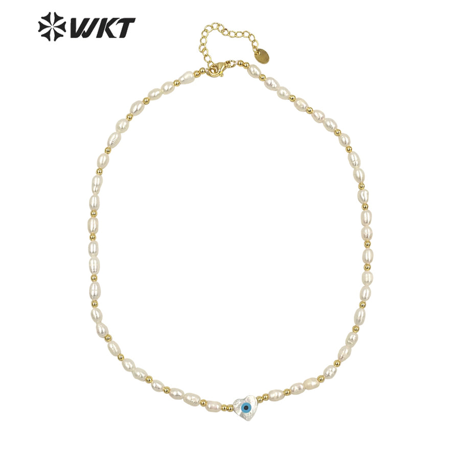 WT-JN194 Fashion Gold Plated Natural Real Freshwater Pearl Beads Necklace Gorgeous Lady Shell Made Heart Eye Charm Bead Necklace
