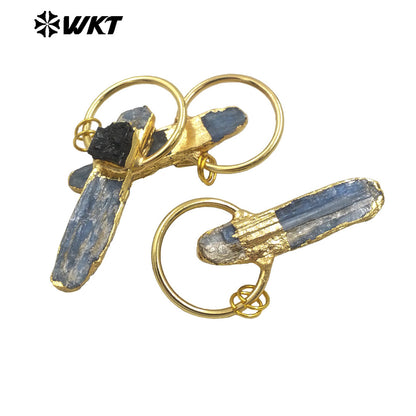 WT-N1471 Wholesale Fashion Design Natural Raw Blue Kyanite With Black Tourmaline Charm Vintage Boho Necklace