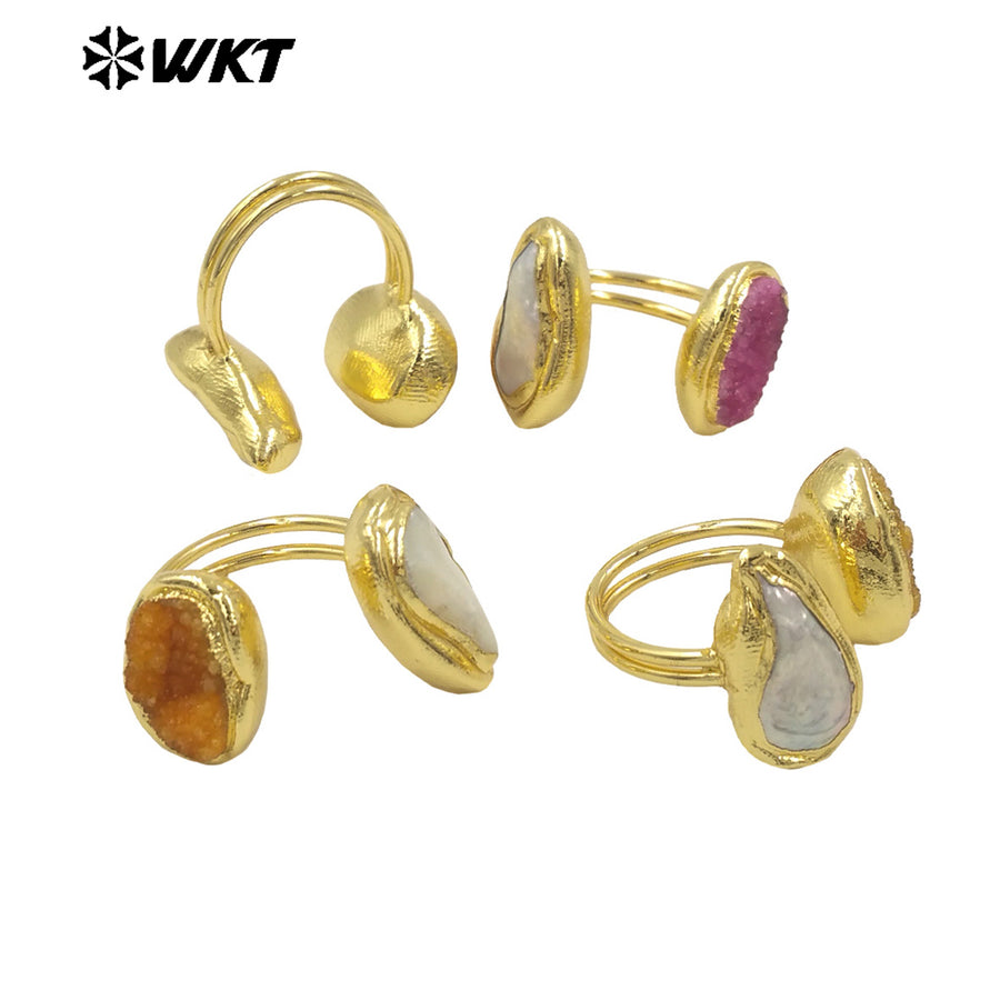 WT-MPR118 New Product Explosion Fashion 18K Gold Plated Pearl Druzy Quartz Double Stone Open Size Ring for Women As Special Gift