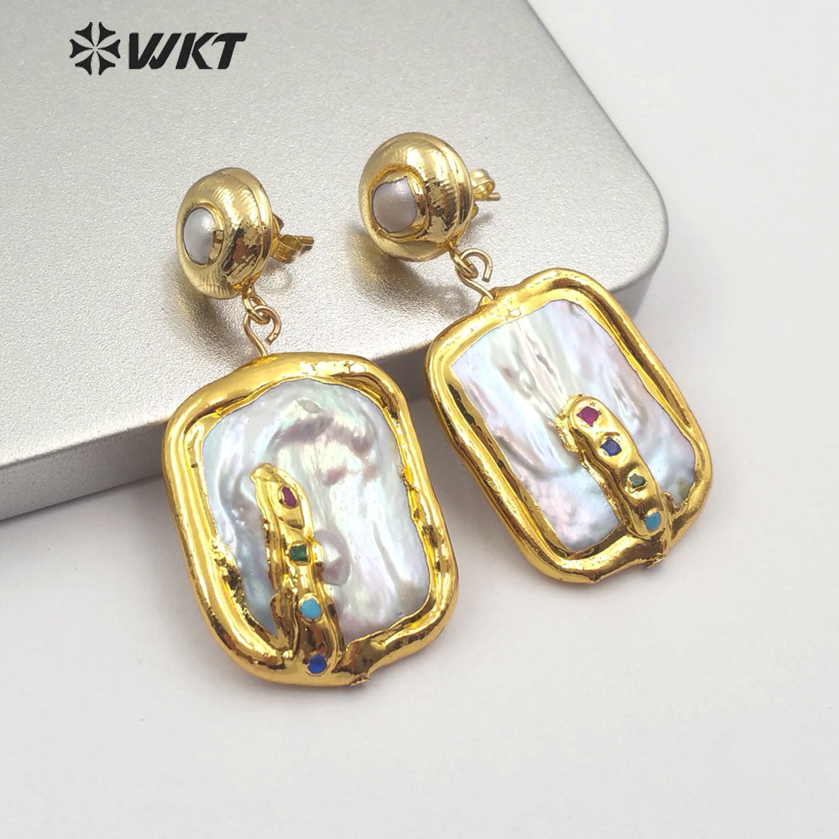 WT-E574 WKT New Arrival Natural Pearl Earring With Color Beads Rectangle Shape Gold Plated Pearl Earrings Women Fashion Jewelry