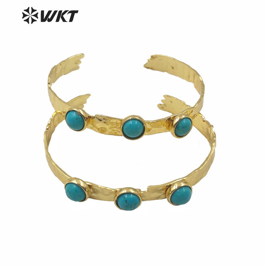 WT-B553 WKT Exclusive Design Triple Stone Bangle Women Gold Electroplated Adjustable Triple Turquoise Stone Cuff Bangle