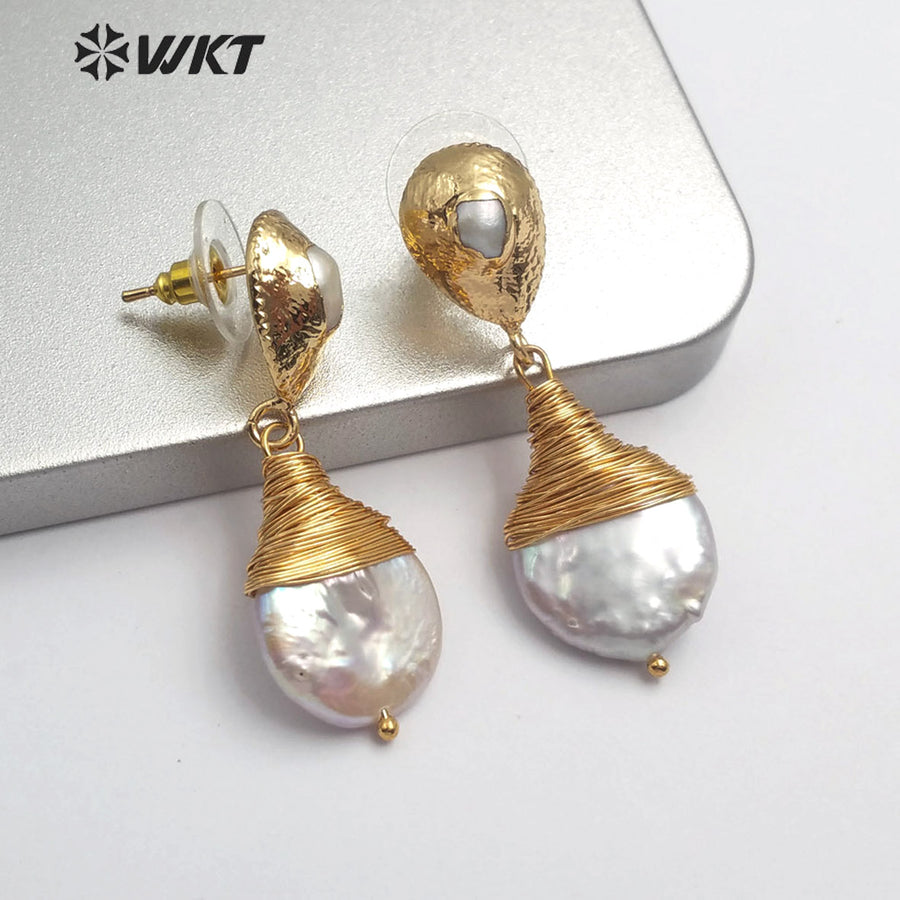 WT-E545 Natural Freshwater Pearl Earring Brass Wire Wrapped Pearl Earring Teardrop Shape Earring for Wedding Jewelry