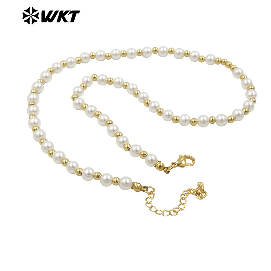 WT-JFN21 WKT 18 Inch Long 6mm Artificial Shell Pearl Space Beads Hand Strand Necklace in Real Gold Plated