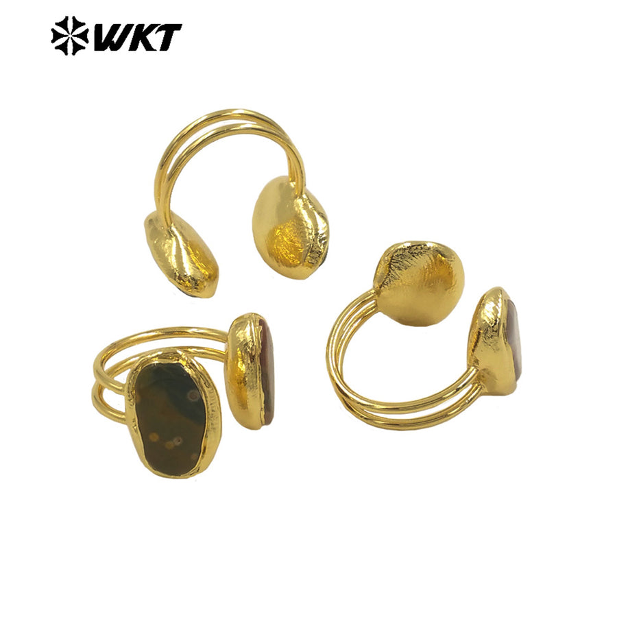 WT-R565 Exquisite Jewelry Natural Ocean Jasper Stone Ring Gold Electroplated Female Lovely Style Oval Shape Wholesale