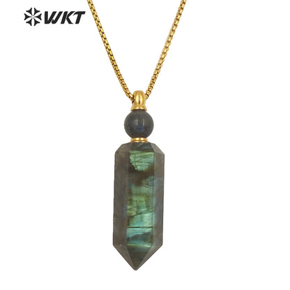 WT-N1256 Wholesale Gold Stainless Steel Hexagonal Shape Natural Labradorite Stone Gold Stainless Steel Metal Rose Quartz Stone