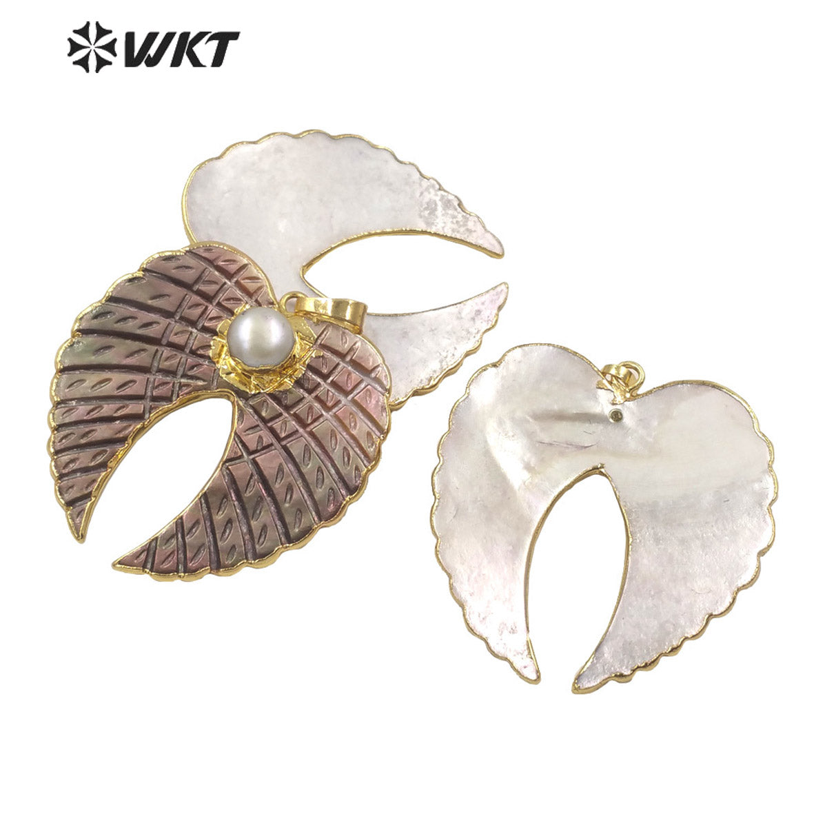 WT-JP261 WKT Newest Fashion Natural Grey Shell Feather Pendant Popular Hot Gold MOP Shell Jewelry Shell Pendant with Pearl