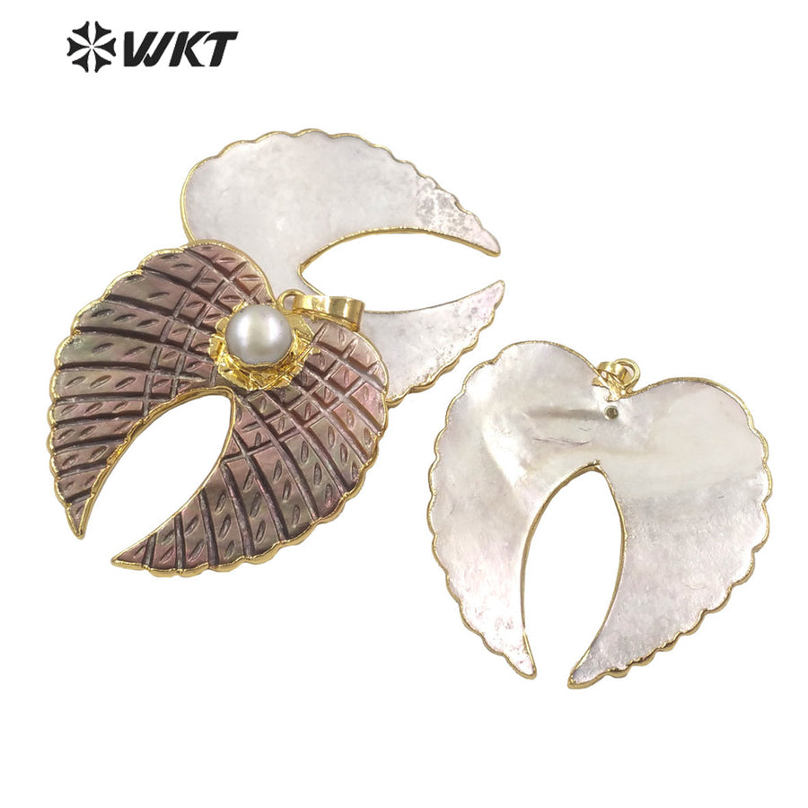 WT-JP261 WKT Newest Fashion Natural Grey Shell Feather Pendant Popular Hot Gold MOP Shell Jewelry Shell Pendant with Pearl