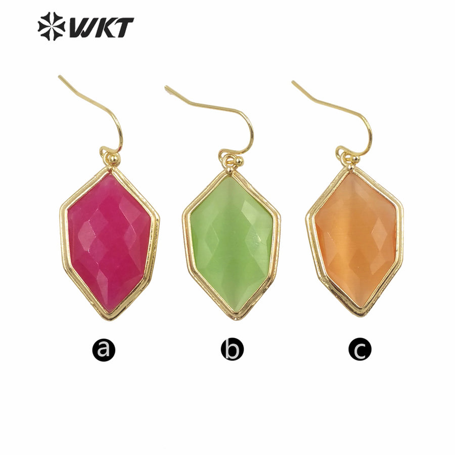 WT-E740 Amazing Colorful Elegant Natural Cat Eye Stone Hexagon Shaped Long Charming Earrings Women Pendant Earrings