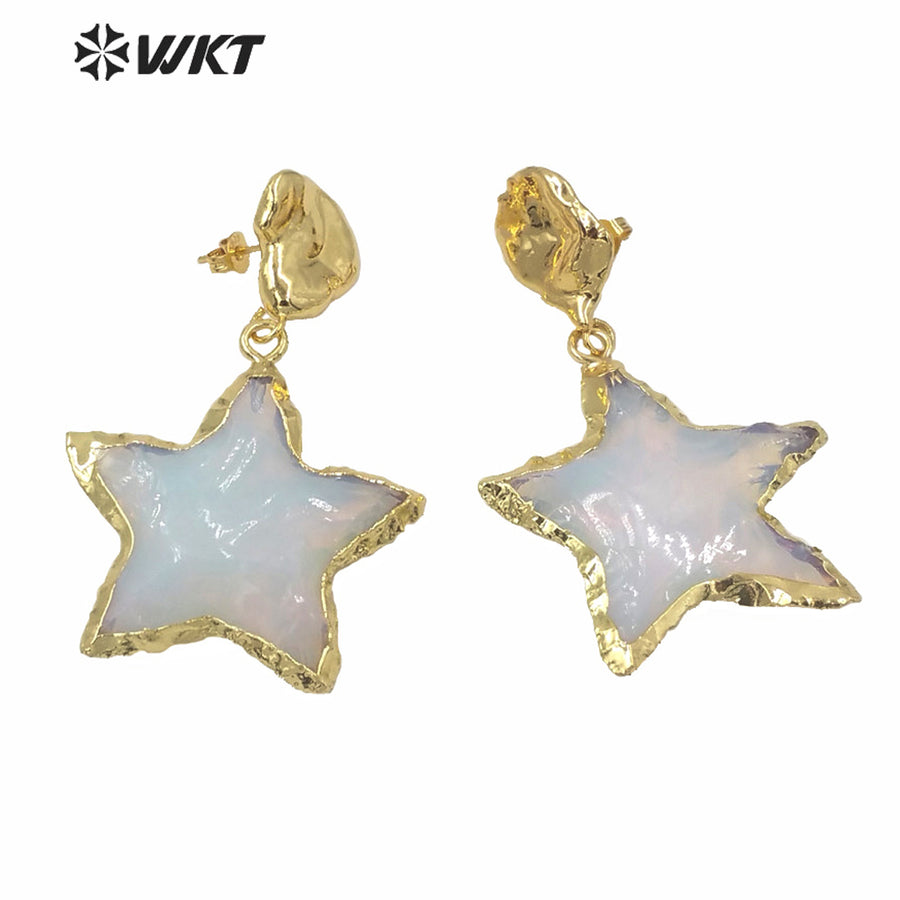 WT-E635 Amazing Super Hot Fashion Gold Electroplated Opal Star Earrings Hand Make Natural Moon and Star Stone Opal Earrings