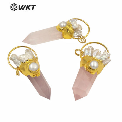 WT-P1587 WKT Amazing Big Natural Rose Quartz Spirit Point Pendant Women Fashion Pearl Charms PINK Quartz Pendant Jewelry