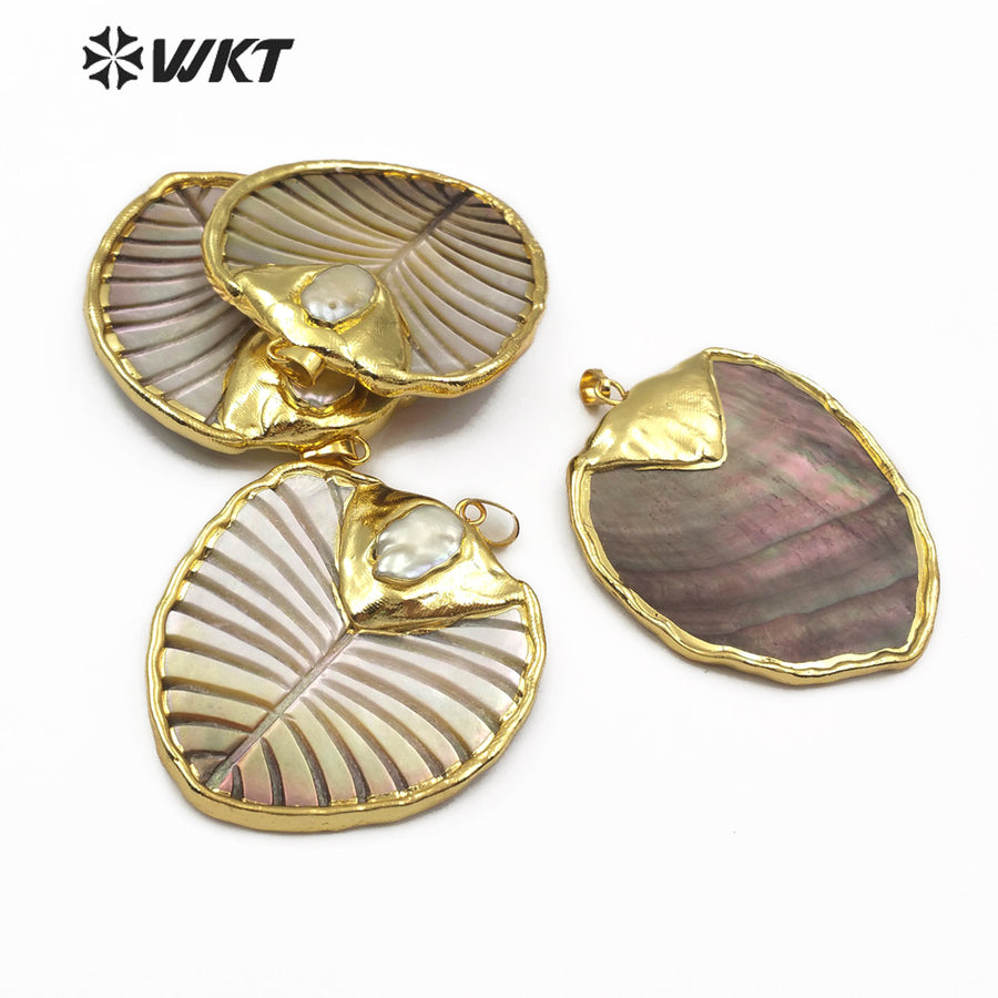 WT-JP100 Natural Color Leaf Shape and Grain Jewelry Necklace with 18K Gold Plated Edges and Pearl-embellished Shell Leaf Pendant