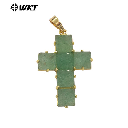 WT-P2113 Wonderful Gold Plated Square Natural Gemstones Splicing Cross Shape Pendants As Friend Handmade Jewelry Gift Findings
