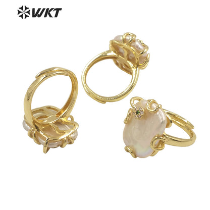 WT-MPR070 Gorgeous Trendy Fashion Natural Freshwater Pearl and Zircon Ring18k Gold Plating for Women Lucky Unique Design Ring