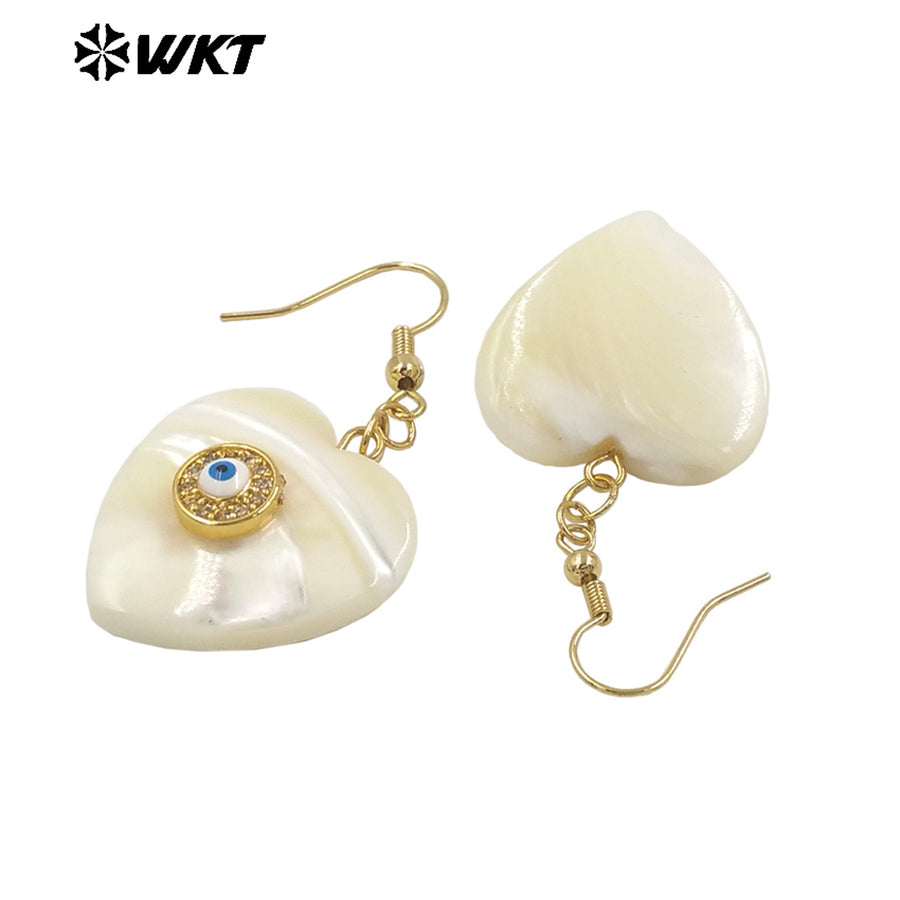 WT-MPE130 Lovely 18k Gold Plated Lady Natural White Shell Heart Earring With Micropave Cubic Zircon for Girl Birthday Gift