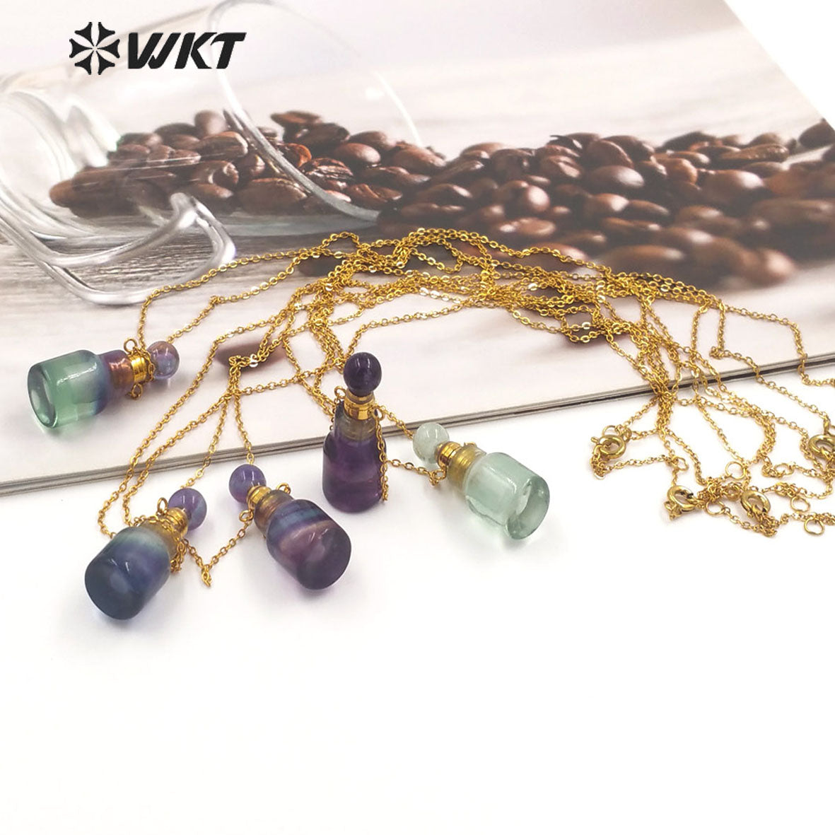 WT-N1455 Newest Fashion Gold Plated Natural Stone Made Rainbow Fluorite Perfume Bottle Necklace Girl Birthday Gift Jewelry