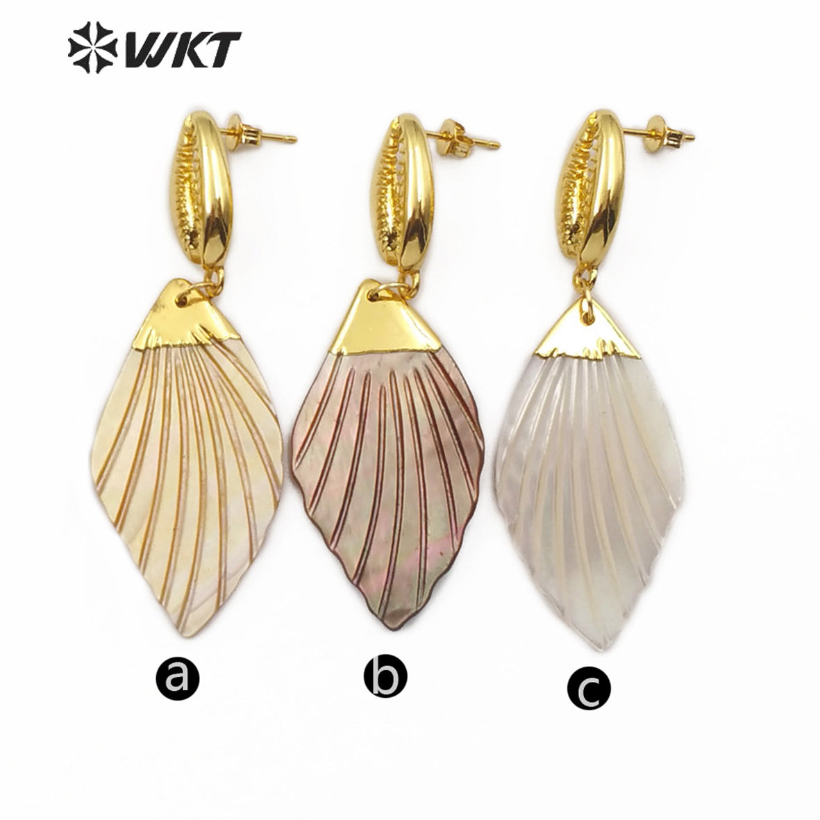 WT-E573 Wholesale Natural Shell and Cowrie Earring Gold Electroplated Leaf Shape Earrings Women Fashion Shell Earrings Jewelry