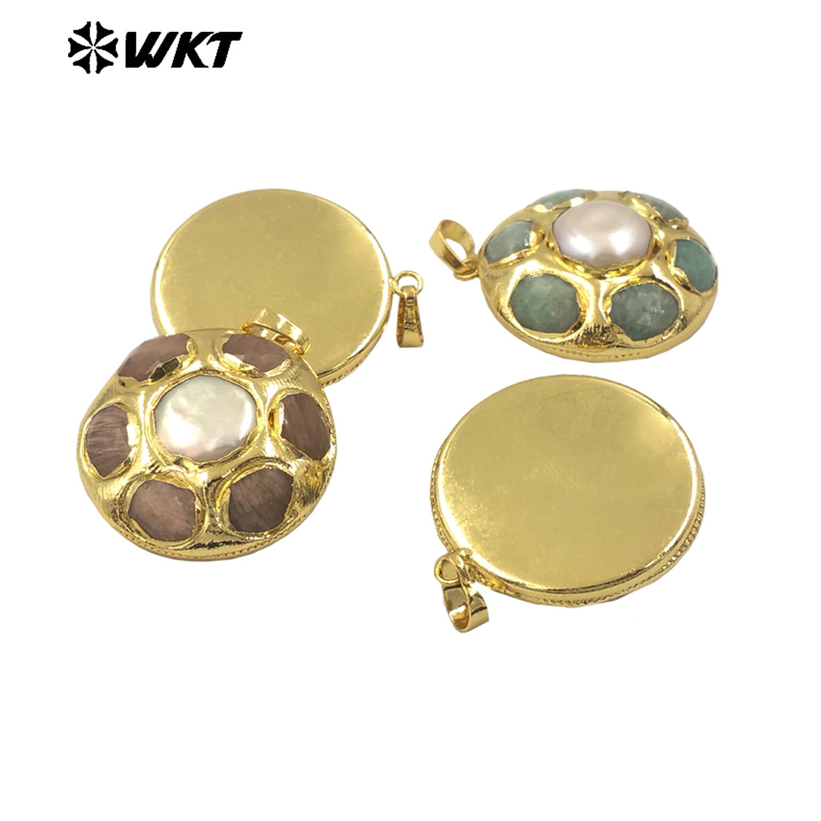 WT-JP411 Amazing Fashion Gold Plated Handmade Bezel Setting Natural Round Natural Stone and Pearl Flower Pendants