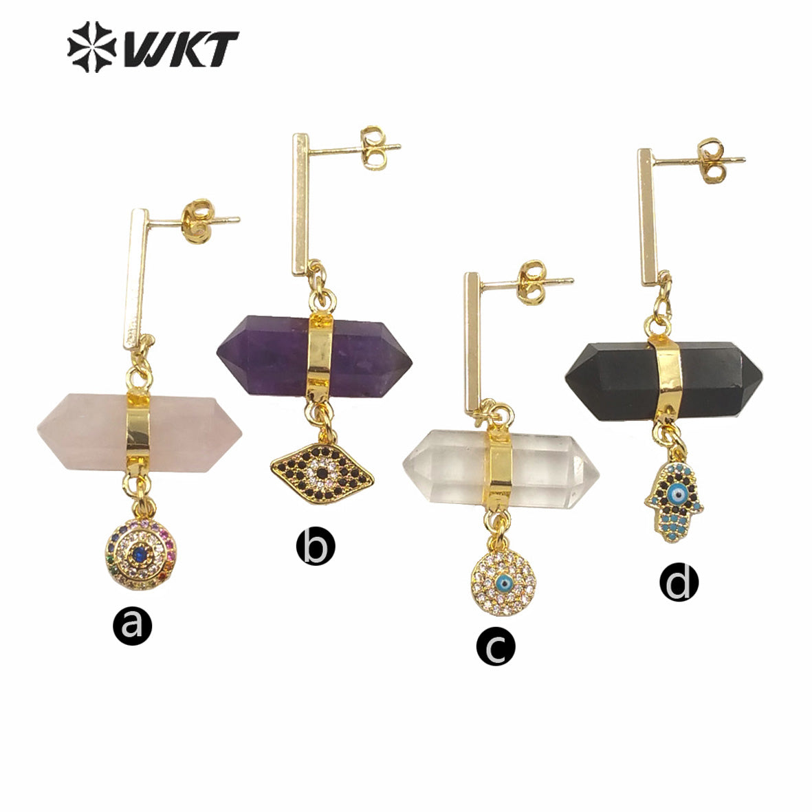 WT-E632 Fashion Double Point Crystal Quartz Bullet Shape Stone Earrings Round Eye Charm Earrings Lady Spirit Quartz Earring