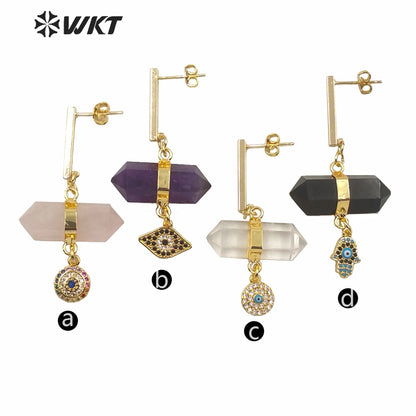 WT-E632 Fashion Double Point Crystal Quartz Bullet Shape Stone Earrings Round Eye Charm Earrings Lady Spirit Quartz Earring