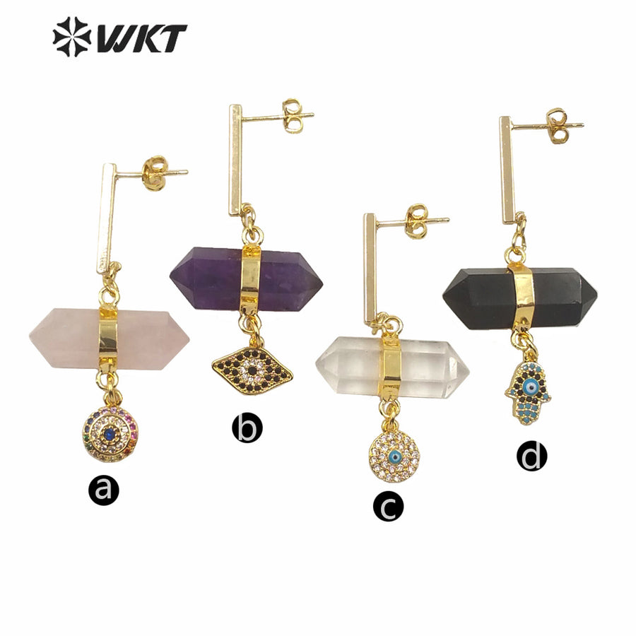 WT-E632 Fashion Double Point Crystal Quartz Bullet Shape Stone Earrings Round Eye Charm Earrings Lady Spirit Quartz Earring
