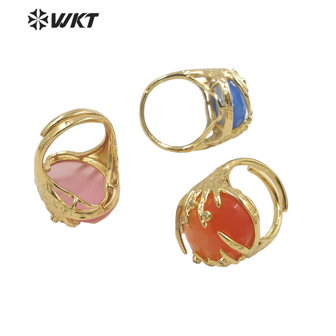 WT-R453 Wholesale Fashion Gold Bezel Claw Setting Oval Stone Ring Women Unique Trendy Cat Eye Stone Made Jewelry Party Ring