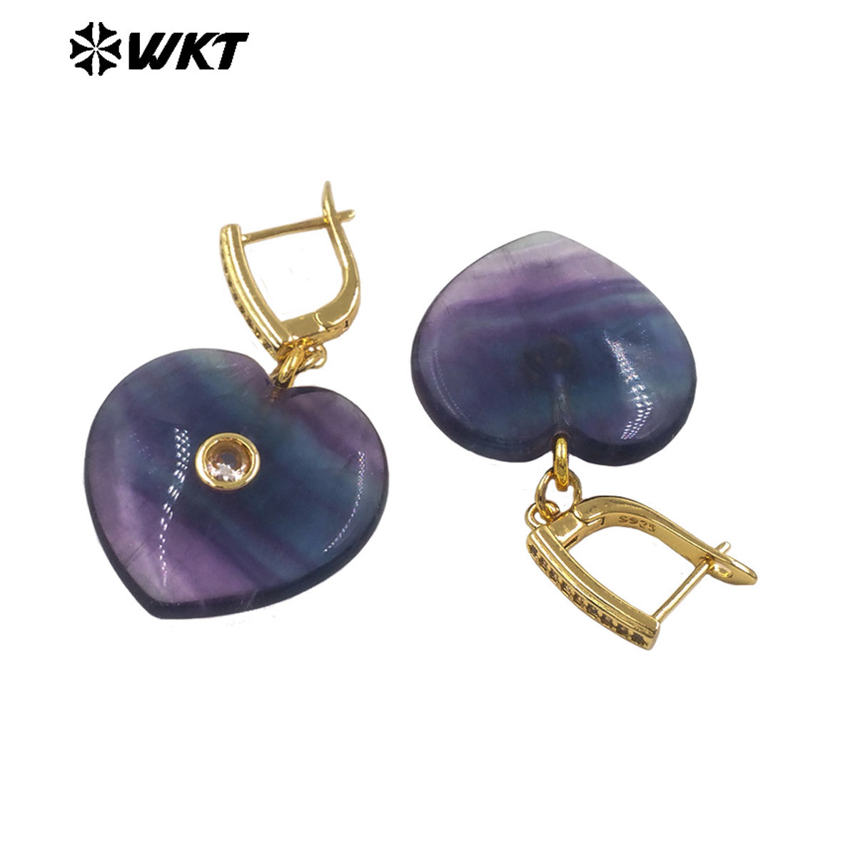 WT-E808 Lovely Gold Plated Natural Rainbow Fluorite Stone Heart Round Shape Earrings For Girlfriend Valentine's Day Gifts