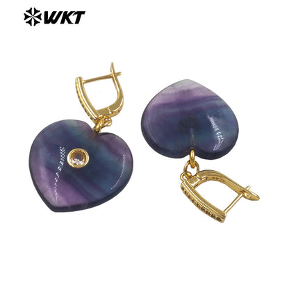 WT-E808 Lovely Gold Plated Natural Rainbow Fluorite Stone Heart Round Shape Earrings For Girlfriend Valentine's Day Gifts