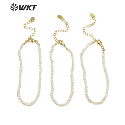 WT-MPB069 Amazing Tiny Potato Shape Freshwater Pearl Bracelet Simple Elegant Hand Strand Gorgeous Pure Pearl Bracelet with Chain