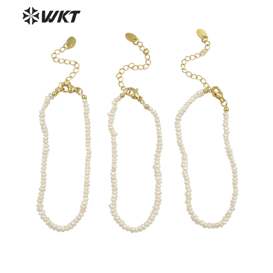 WT-MPB069 Amazing Tiny Potato Shape Freshwater Pearl Bracelet Simple Elegant Hand Strand Gorgeous Pure Pearl Bracelet with Chain