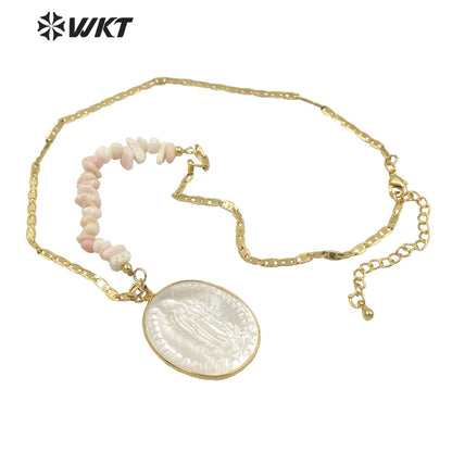 WT-JN146 WKT Amazing Fashion 18k Real Gold Plated Religious Virgin Mary Pendant Necklace Mix Contructure Shell Pendant Necklace