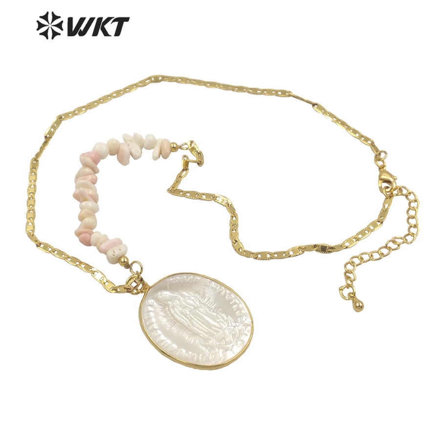 WT-JN146 WKT Amazing Fashion 18k Real Gold Plated Religious Virgin Mary Pendant Necklace Mix Contructure Shell Pendant Necklace