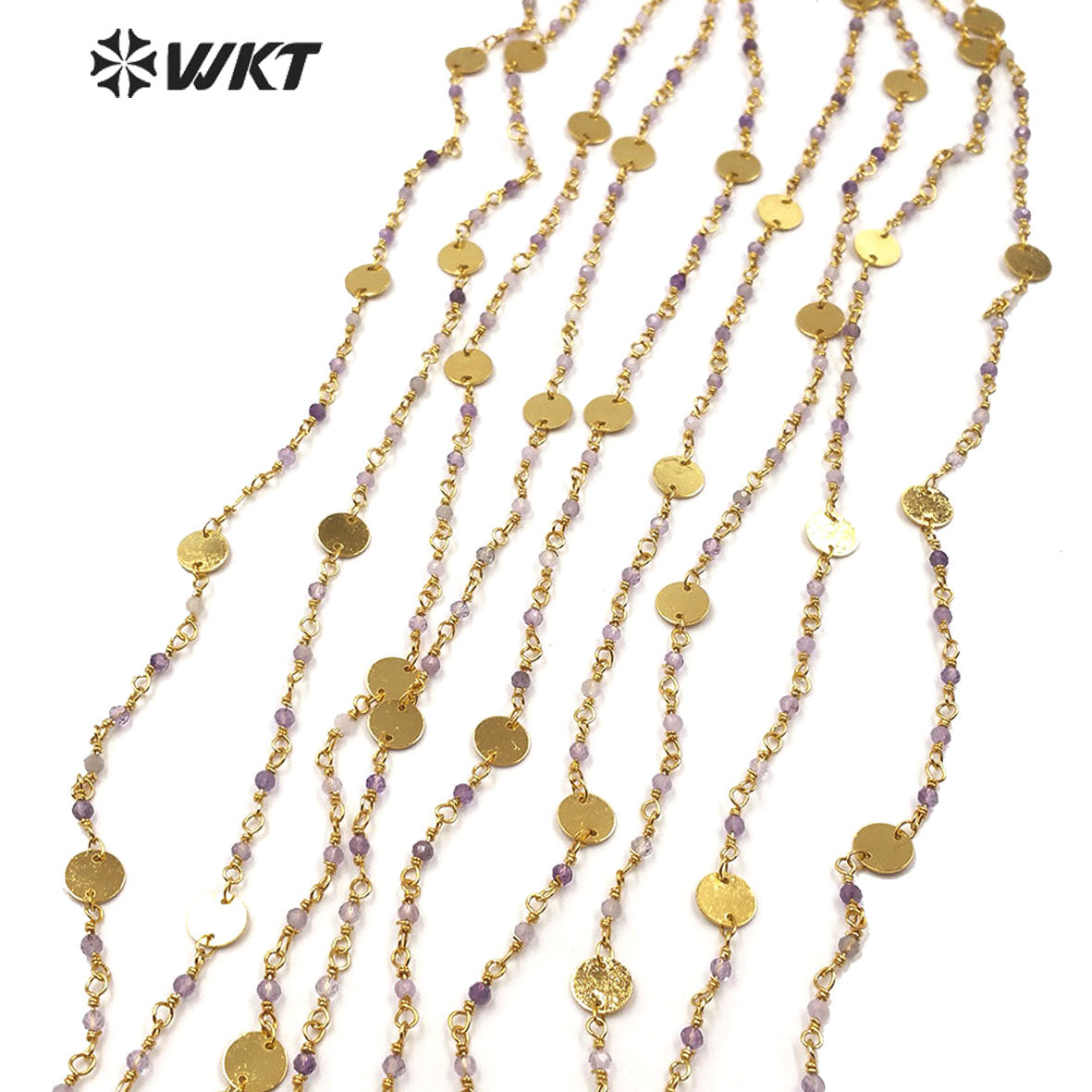 WT-RBC142 Wholesale Amethyst Beads Chain Hotsale Gold Plated Amethyst Rosary Beads Chain for Jewelry Making