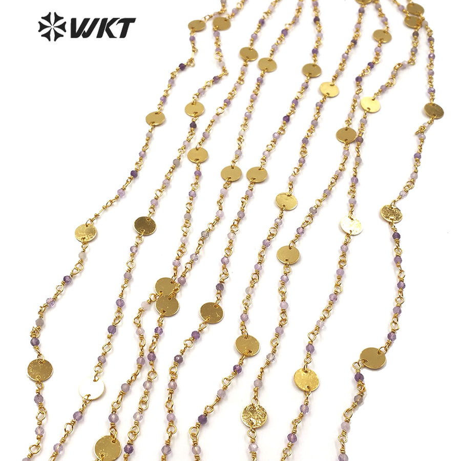 WT-RBC142 Wholesale Amethyst Beads Chain Hotsale Gold Plated Amethyst Rosary Beads Chain for Jewelry Making