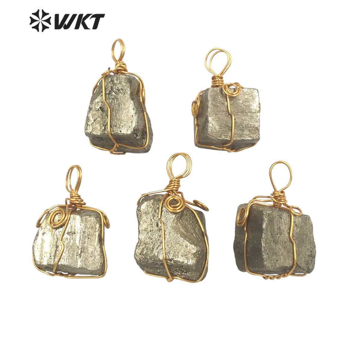 WT-P1767 Original Design Gold Plated Brass Wire Wrapped Pyrite Pendants Natural Stone Necklace Pendant Women Jewelry Making Gift